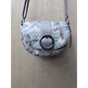 Butterfly Print Saddle Crossbody Bag Gray Floral Adjustable Strap Purse